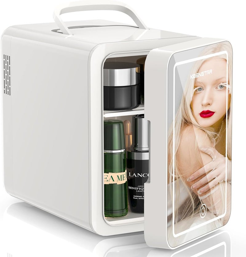 KEENSTAR Mini Skincare Fridge (6L/8 Can) with Dimmable LED Mirror, Cooler & Warmer for Bedroom, Cosmetics, Office, Dorm and Car, Portable Personal Refrigerator for Cosmetics, Skincare and Food, White - Image 1
